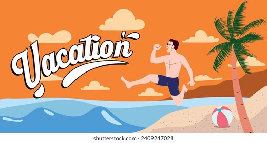 man on the beach jumping into the sea, vector illustration