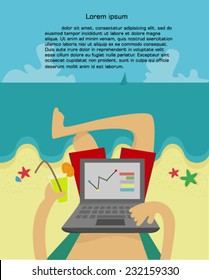 Man on the beach with labtop,vector illustration