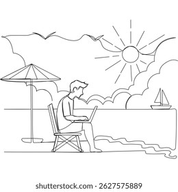 Man on the beach with a laptop in continuous one line art style. Remote work concept. Simple vector illustration