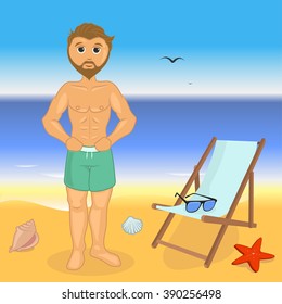 man on the beach near the deck chairs on the background of the sea