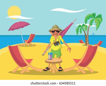A man on the beach near a table with a cocktail 