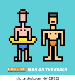 Man on the beach. - Pixel Art. Elements Design. Illustration and icon.