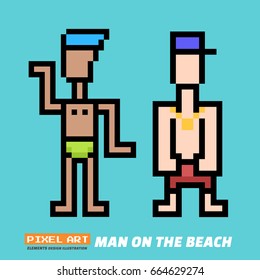 Man on the beach. - Pixel Art. Elements Design. Illustration and icon.
