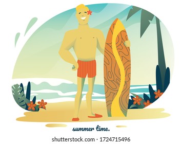 Man on Beach. Summer activity. Cartoon character design.