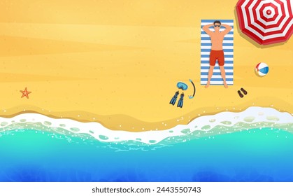 hombre en la playa. Hombre en la playa en una toalla blanca y azul a rayas. Descansa junto al mar, relájate, relájate, broncea. Vacaciones de verano. Ilustración vectorial en estilo plano