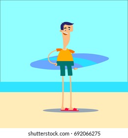 A man on the beach with a surfboard. Vector illustration.