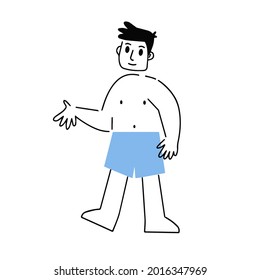 Man on beach in swimming trunks. Naked character in underpants. Modern trend abstract geometric cartoon illustration