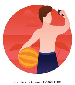 
A man on a beach is taking selfie, beach selfie 
