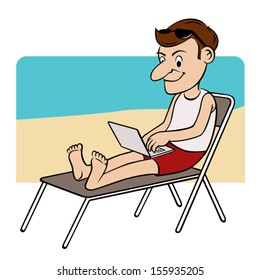 man on the beach typing on his laptop while sitting 