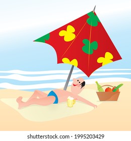 man on the beach under an umbrella, humorous vector illustration