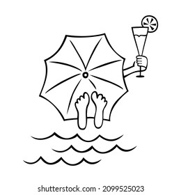 A man on the beach under an umbrella. Linear drawing by hand. Humorous drawing, caricature.