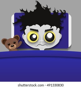 Man on bed with eyes wide open for insomnia theme.