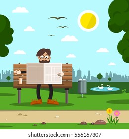 Man on Bench in City Park. Vector Flat Design Cartoon.