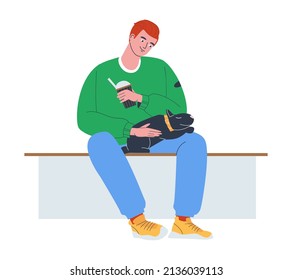 The man on the bench drinks coffee. The dog sleeps on his owner's lap. The young man tenderly looks at his cute pet. Flat vector illustration. Eps10