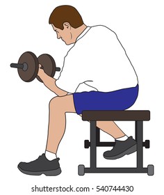 Man on bench in gym is working out with dumbbells