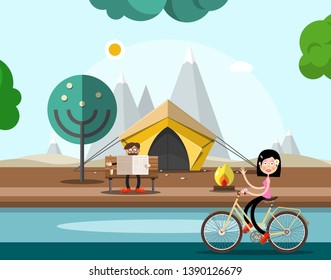 Man on Bench Reading Newspapers with Tent and Mountains on Background. Woman on Bicycle on Foreground. Vector Flat Design Illustration.