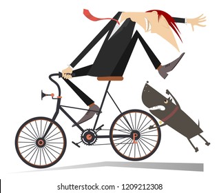 Man on the bicycle and aggressive dog illustration. Angry dog pursues a frightened cyclist isolated on white illustration
