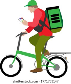 A man on a Bicycle with a backpack and phone Navigator for delivery of goods at home. Fast delivery of food to the house.