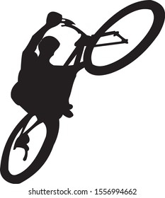 A man on a bicycle is balancing while standing on the rear wheel. Schematic image.