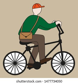A man on a bicycle in a baseball cap and with a bag