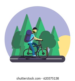 A man on a bicycle. A biker tourist rides along the road, with a large tourist backpack. Flat illusion.