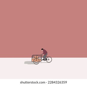 Man on bicycle cart delivering goods on pink street. Courier traveling with his cargo bike. Traditional cracker seller 