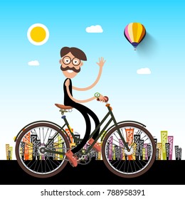 Man on Bicycle with City on Background