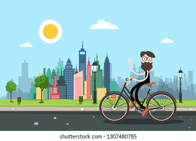 Man on Bicycle with City Skyscrapers on Background. Healthy Lifestyle in Town Concpt. Funky Person Waving Hand on Bike on the Road. Vector Biking Illustration.