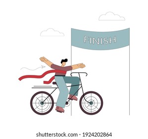 A man on a bicycle crosses the finish line. Achievement of the goal. Victory. Personal record. Overcoming difficulties. Vector flat illustration on white background