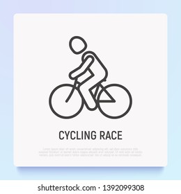 Man on bicycle. Cycling race in triathlon thin line icon. Modern vector illustration.