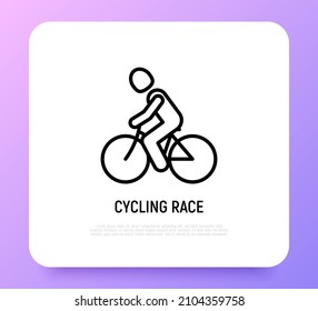 Man on bicycle. Cycling race in triathlon thin line icon. Modern vector illustration.