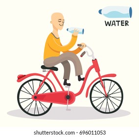 The man on a bicycle drinks water. Dehydration after sports. Isolated elements for your design