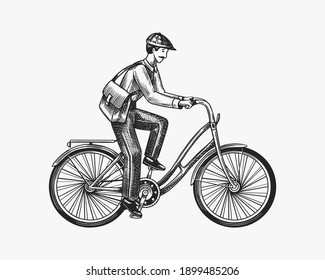 A man on a bicycle. Eco friendly transport. The postman rides a bike. . Vintage custom emblem, label badges for t shirt. Monochrome retro style. Hand drawn engraved sketch