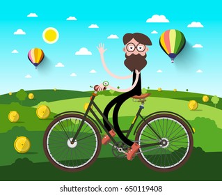 Man on Bicycle on Field with Hey Heaps and Hot Air Balloons. Vector Illustration.
