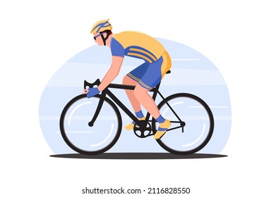 Сyclist. Man on a bicycle in a helmet. Side view. Character in action. Vector illustration hand drawn flat style.