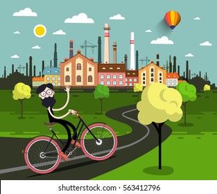 Man on Bicycle with Industrial City on background