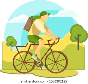 Man on a bicycle, outdoor travel or sport concept.  Editable vector illustration for post, banner template. Isolated on white.