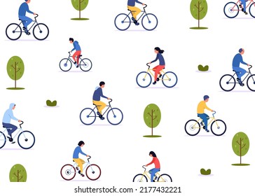 Man on bicycle pattern. Seamless print with cartoon bike rider, active recreation and cycling concept with cyclist. Vector texture. Illustration of seamless pattern bicycle wallpaper