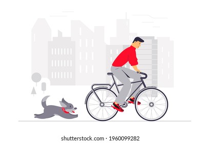 A man on a bicycle with a Pembroke Welsh Corgi rides through the city. The concept of outdoor activities and animal care. Vector illustration. Flat style..