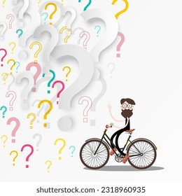 Hombre en bicicleta con signos de interrogación en segundo plano - vector