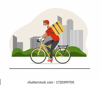 A Man On A Bicycle Rides Around The City. A Courier In A Mask, Gloves And Boxing, Box, Cargo. The Concept Of Safe Food Delivery, Fast Delivery Service. Vector Illustration In Cartoon Style.