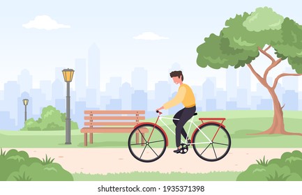 Hombre en paseos en bicicleta por la ciudad. Paisaje primavera o verano. Niño feliz en bicicleta en el parque. Deportes y actividades al aire libre. Ilustración vectorial al estilo de las caricaturas planas.