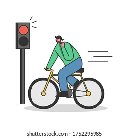 Man on bicycle riding on red light while speaking on mobile phone. Careless cyclist creating dangerous accident ignoring traffic light talking on cellphone. Carelessness on road. Vector illustration