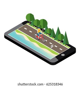 Man on bicycle on the road near the beach and forest. Mobile geo tracking