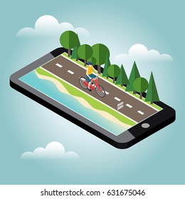 Man on bicycle on the road near the beach and forest. Mobile geo tracking