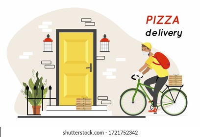 A man on a bicycle, safe pizza delivery to the door. Masked guy in gloves with boxes. The concept of express delivery of food to home. Vector illustration in cartoon style.