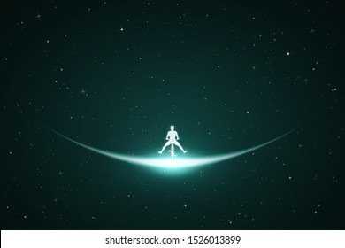 Man on bicycle in space. Vector conceptual illustration with white silhouette of cyclist with legs apart. Emerald abstract background with stars and glowing outline