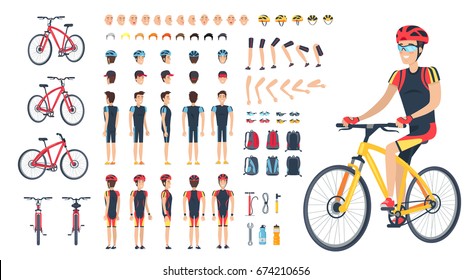 Homem em bicicleta com peças sobressalentes do corpo, cabeça na tampa e capacete, conjunto de penteados, óculos de motorista, mochila espaçosa e kit de ferramentas ilustração vetorial.