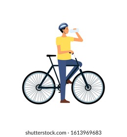 Man on bicycle standing and drinking water from bottle flat cartoon style, vector illustration isolated on white background. Thirsty male biker in helmet has stopped cycling to drink water