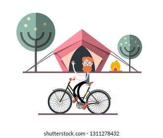 Man on Bicycle with Tent, Fire and Trees on Background. Adventure Camping Vector Flat Design Illustration.